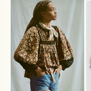 🎉NWT Anthropologie Rafia Lace Blouse by Cleobella sz Large brown black floral